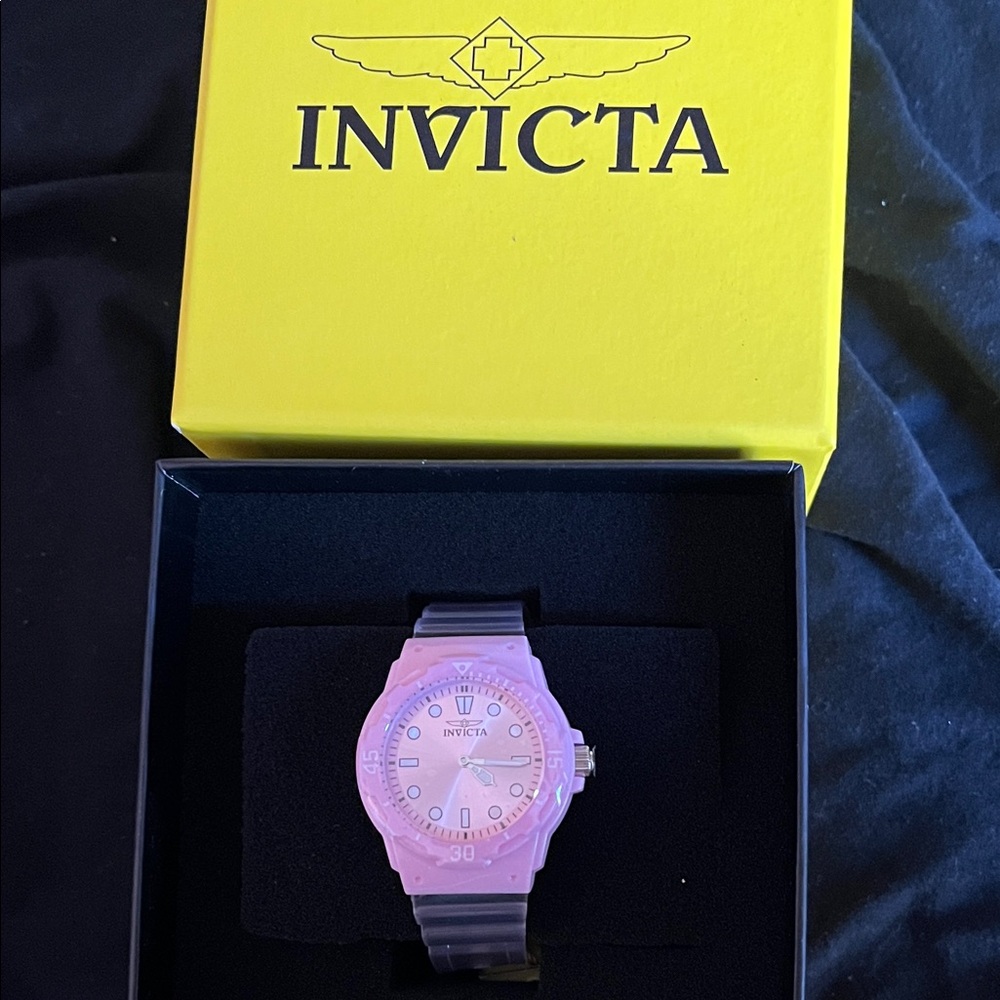 Invicta Yellow Box . Pink Dial  clear Strap Watch never out of box